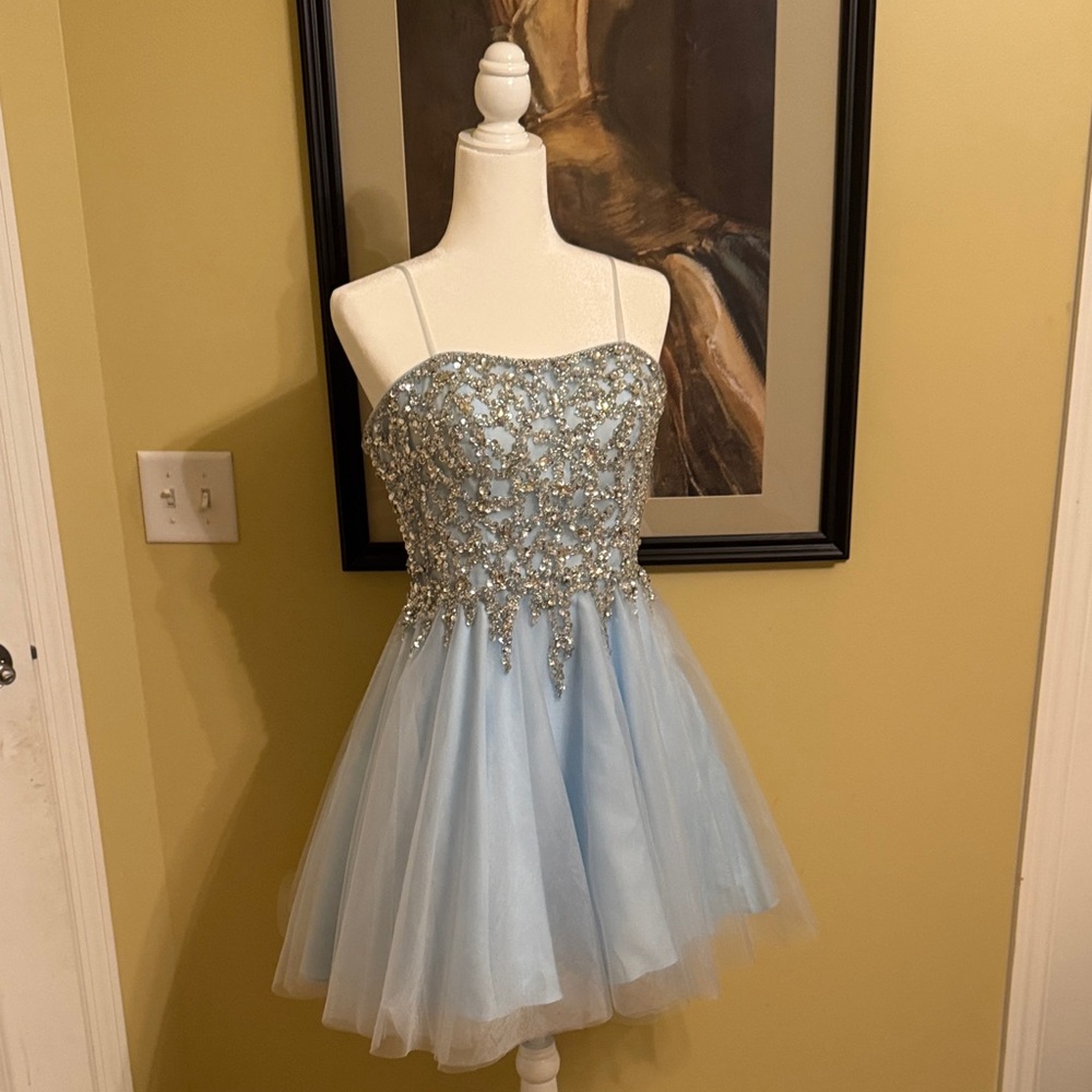 Terani Couture Sky Blue Mini Dress with Silver Details Prom